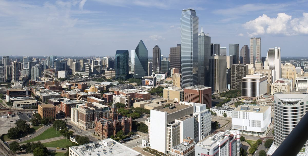 Downtown Dallas photographed from above, with the Old Red Courthouse in the foreground